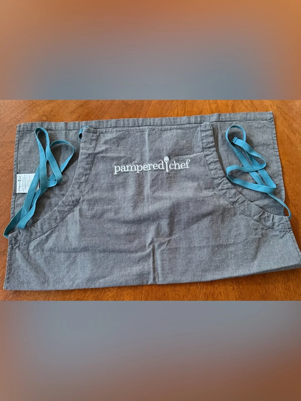 Pampered Chef Gray Waist Apron with Teal Ties - EUC!